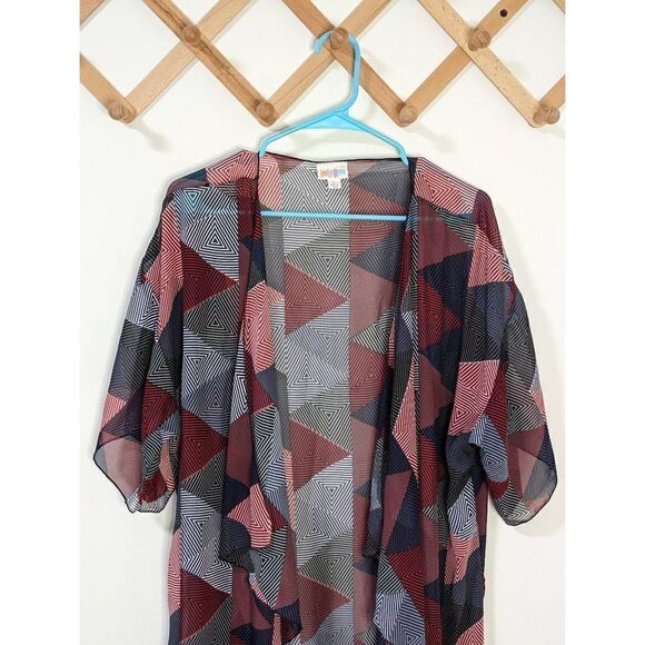 Lularoe Geometric Red White Blue Grey Kimono with Black Fringe - Picture 2 of 9